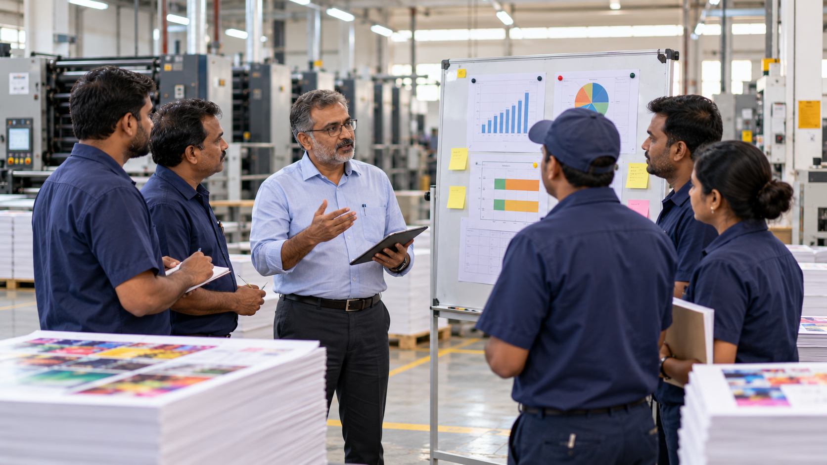 Print factory owner leading a daily review meeting with his supervisors