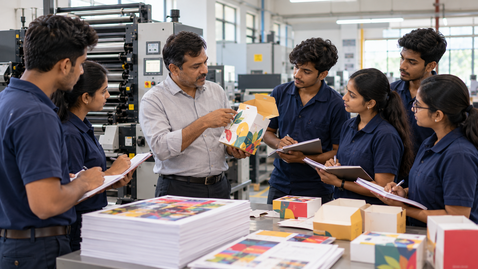 Students attending practical printing and packaging training in Indore