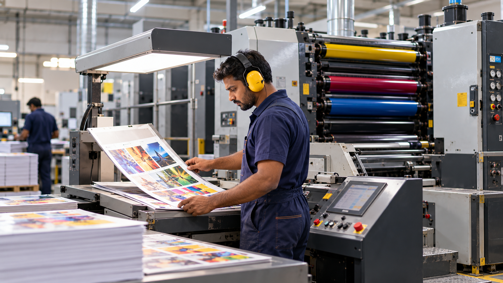 Offset printing machine operator checking colour on a printed sheet at the press console